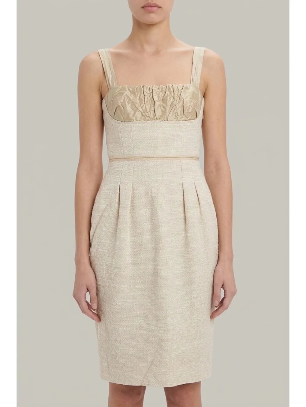 Lida Baday Cream Bouclé Sheath Dress Metallic Satin Bust Size 6 sleeveless EUC